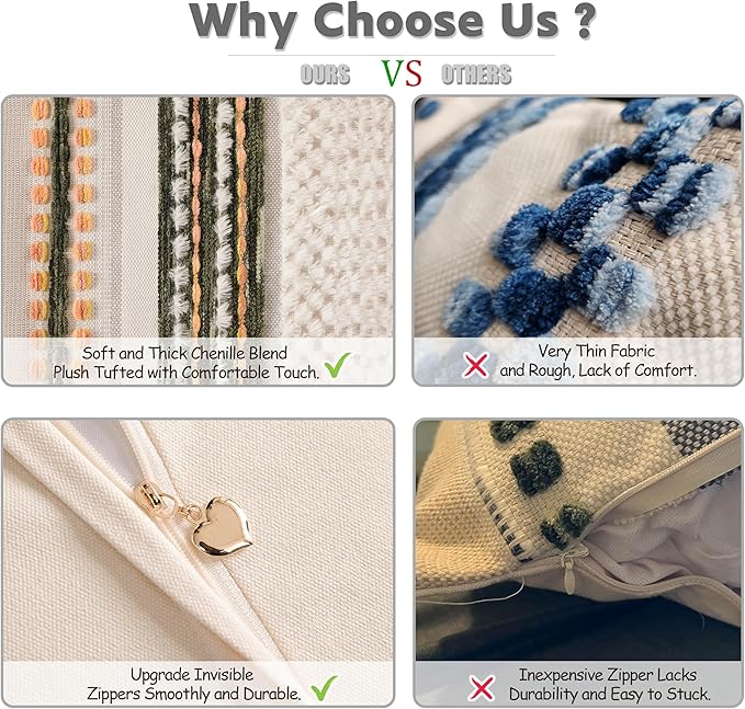 KOOLIFE Boho Chenille Tufted Couch Throw Pillow Covers 18x18 Inch Set of 2 Farmhouse Striped Decorative Pillow Covers Accent Neutral Pillowcase Dark Green Cushion Cover for Living Room Sofa Bed