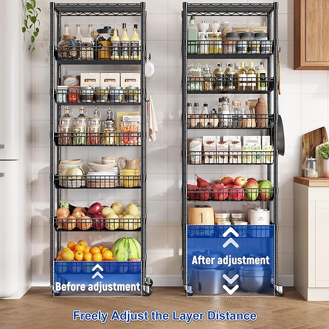 7 Tier Wire Shelving Unit with Wheels 72" H Adjustable Basket Shelf Storage Shelves with Hooks for Kitchen Bathroom Garage Closet Laundry Room Organization 72" H x 24" W x 14" D, Black