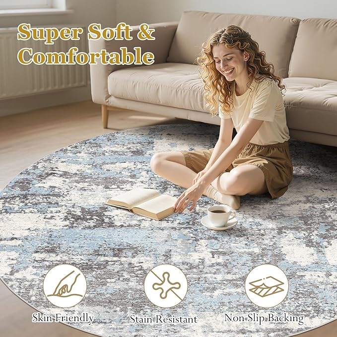 8ft Round Area Rugs for Living Room: 8x8 Abstract Washable Rug Modern Large Soft Stain Resistant Non-Slip Backing Machine Table for Bedroom Dining Room Indoor Home Office Carpet - Blue Grey