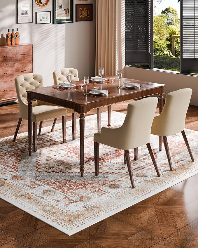 VEVOR 8 x 10 ft Area Rug Large Washable Rug Non-Slip and Tear-Resistant Soft Carpet Pet & Child Friendly Vintage Area Rugs Indoor Mat for Bedroom Living Room Kids Room Office Brown Red