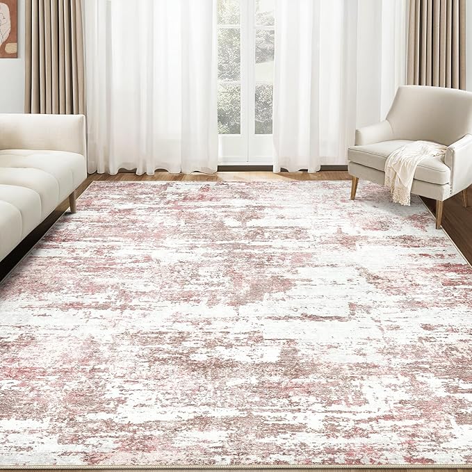 Area Rugs for Living Room: 8x10 Abstract Washable Rug Modern Neutral Large Soft Stain Resistant Non-Slip Backing Machine Table for Bedroom Dining Room Indoor Home Office Carpet - Pink