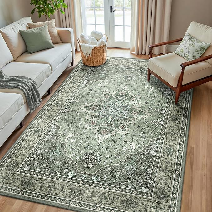 RELEANY Area Rugs 5'x8' Washable Non-Slip, Floral Vintage Distress Print Pattern Medallion Carpet for Living Room Bedroom Dining Room, Dark Green Gray