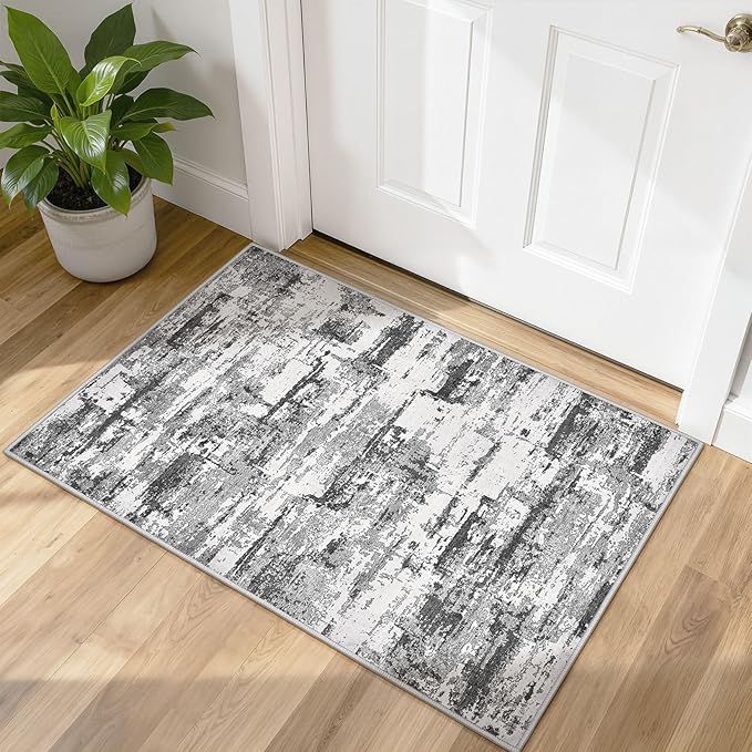 Washable Area Rugs: 2x3 Abstract Modern Soft Stain Resistant Non-Slip Backing for Living Room Entryway Bedroom Nursery - Black Grey