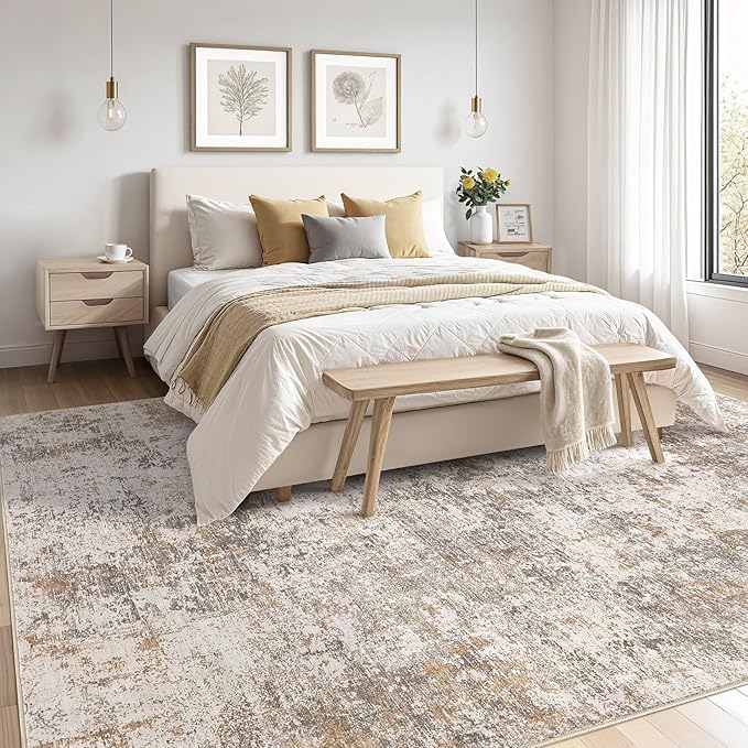 Area Rugs for Living Room: 6x9 Abstract Washable Rug Modern Neutral Large Soft Stain Resistant Non-Slip Backing Machine Table for Bedroom Dining Room Indoor Home Office Carpet - Brown Grey