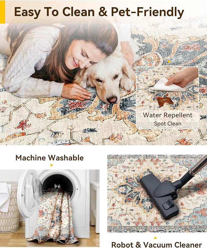 RELEANY Area Rugs 3'x7' Runner Rug Non Slip Washable for Kitchen Hallway Bedroom Beside Laundry Room Bathroom Rug, Floor Carpet, Beige Navy Blue Orange Colorful