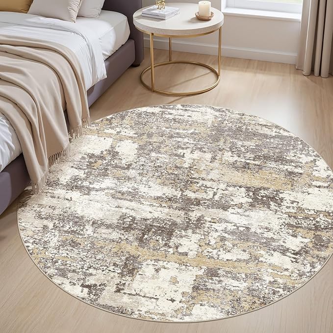 6ft Round Area Rugs for Living Room: 6x6 Abstract Washable Rug Modern Large Soft Stain Resistant Non-Slip Backing Machine Table for Bedroom Dining Room Indoor Home Office Carpet - Gold Brown