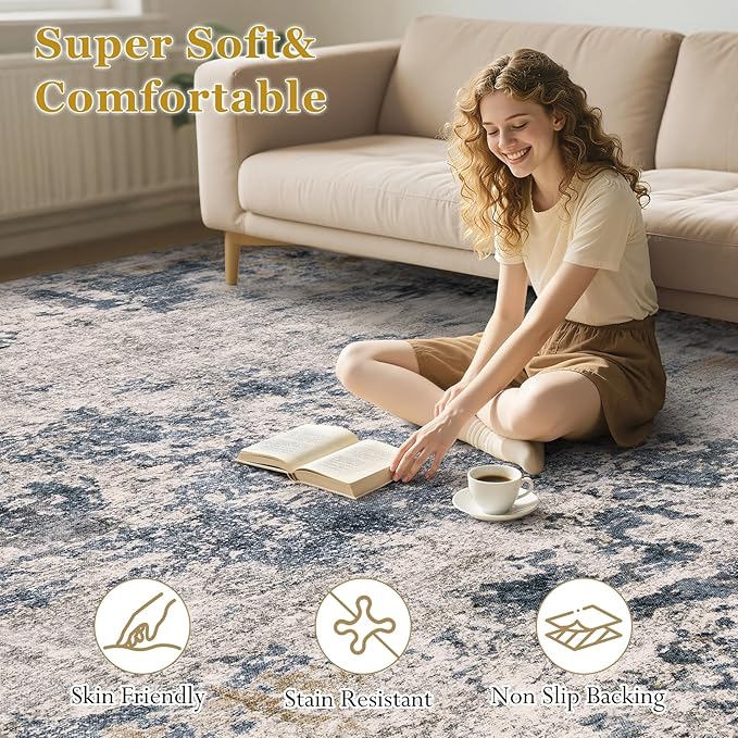 Area Rugs for Living Room: 5x8 Abstract Washable Rug Modern Neutral Large Soft Stain Resistant Non-Slip Backing Machine Table for Bedroom Dining Room Indoor Home Office Carpet - Blue Brown