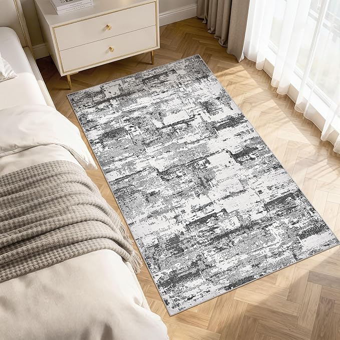 Hallway Washable Runner Rug: 3x5 Abstract Modern Soft Stain Resistant Non-Slip Backing Runner for for Entryway Kitchen Laundry Living Bathroom - Black Grey