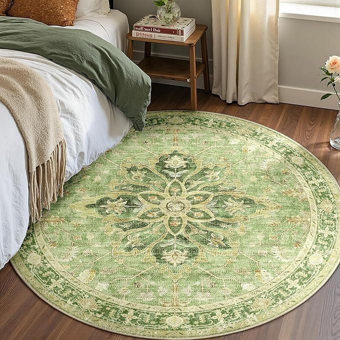 RELEANY Area Rugs 6ft Washable Non-Slip, Floral Vintage Distress Print Pattern Medallion Carpet for Living Room Bedroom Dining Room, Sage Green Yellow
