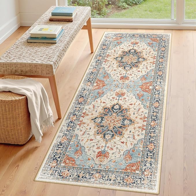 RELEANY Area Rugs 3'x7' Runner Rug Non Slip Washable for Kitchen Hallway Bedroom Beside Laundry Room Bathroom Rug, Floor Carpet, Beige Navy Blue Orange Colorful