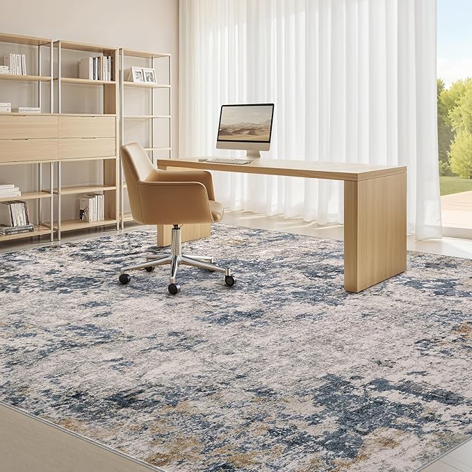 Area Rugs for Living Room: 5x7 Abstract Washable Rug Large Soft Stain Resistant Non-Slip Backing for Bedroom Dining Room Indoor Home Office Carpet for Kids Pet Friendly Families - Blue Brown