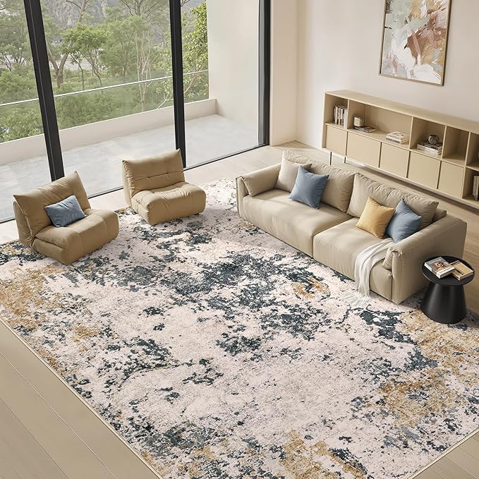 Area Rugs for Living Room: 6x9 Abstract Washable Rug Large Soft Stain Resistant Non-Slip Backing for Bedroom Dining Room Indoor Home Office Carpet for Kids Pet Friendly Families - Grey Gold