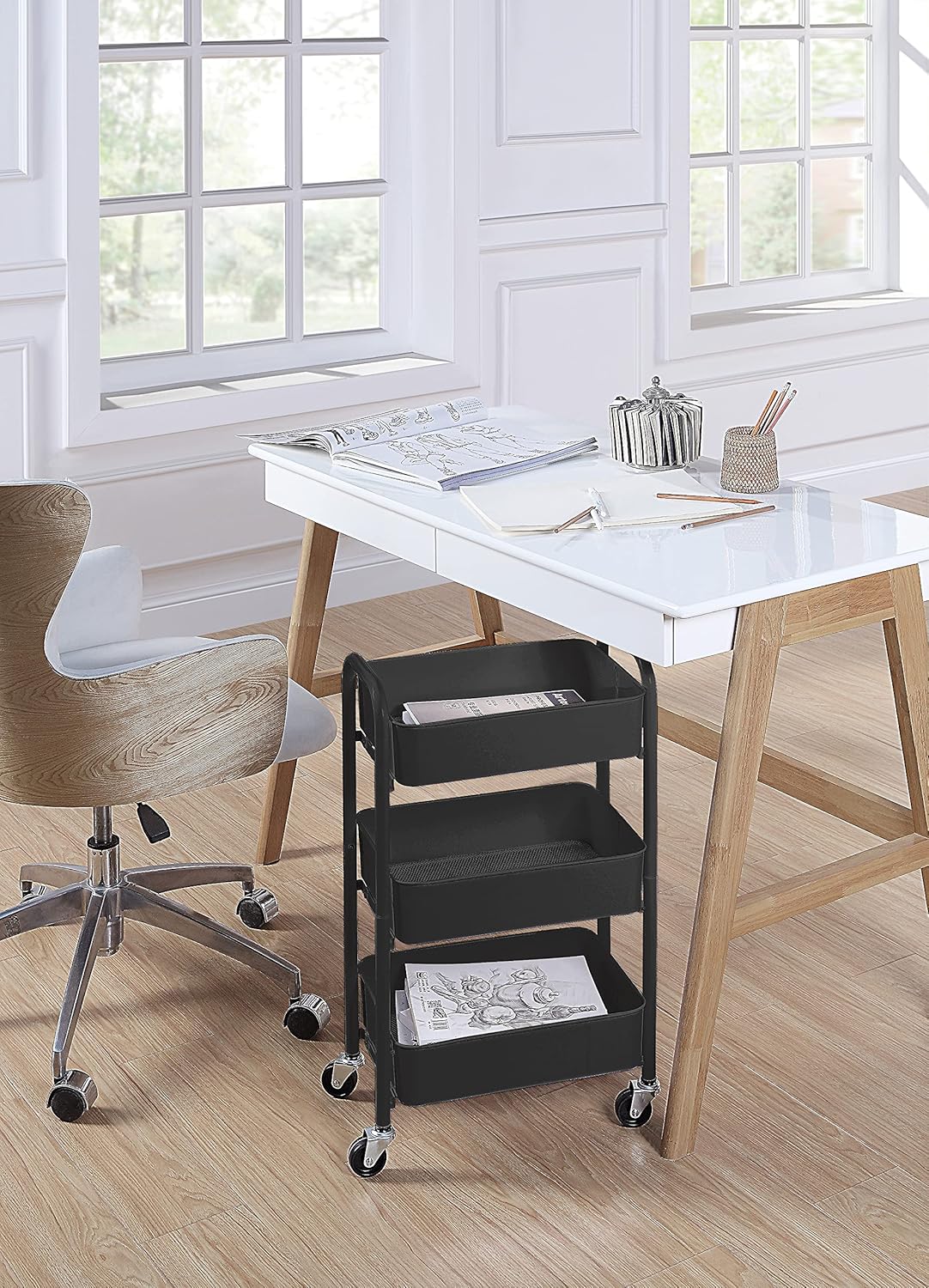 SunnyPoint 3-Tier Delicate Compact Rolling Metal Storage Organizer - Mobile Utility Cart Kitchen/Under Desk Cart with Caster Wheels - BLK (15.35" X 10.24" X 26.8"H)
