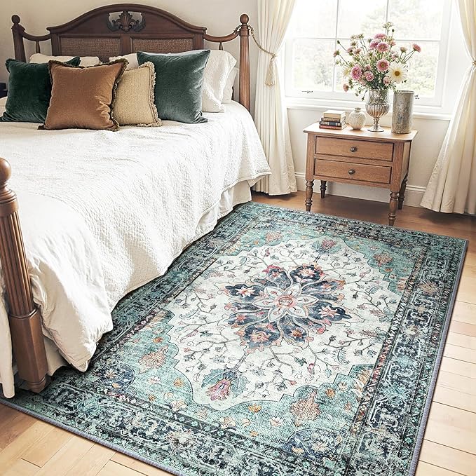 RELEANY Area Rugs 4'x6' Washable Non-Slip, Floral Vintage Distress Print Pattern Medallion Carpet for Living Room Bedroom Dining Room, Green Navy Blue White Red Teal Colorful