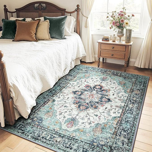 RELEANY Area Rugs 4'x6' Washable Non-Slip, Floral Vintage Distress Print Pattern Medallion Carpet for Living Room Bedroom Dining Room, Green Navy Blue White Red Teal Colorful