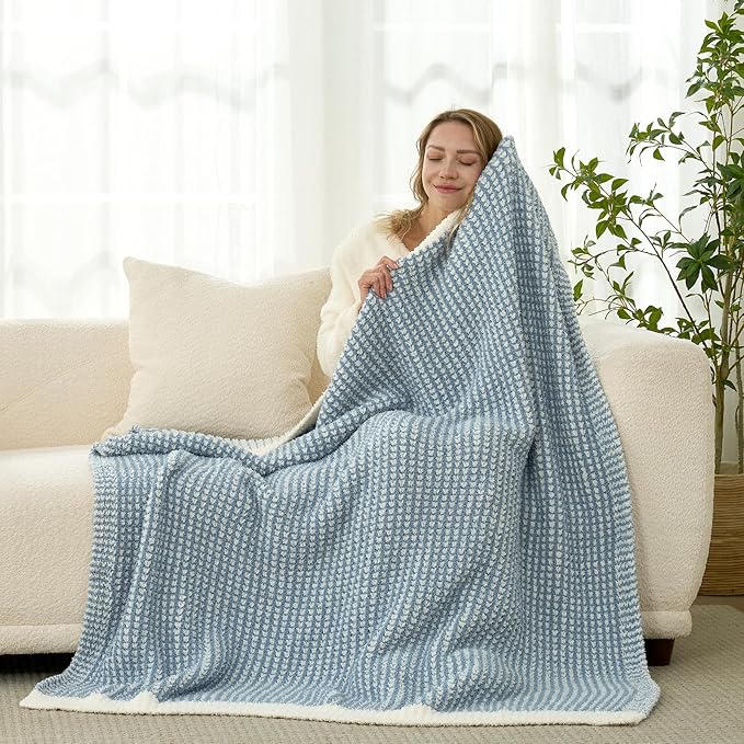 Snuggle Sac Ultra Soft Waffle Throw Blanket for Couch Bed Sofa 50x60 inches, Reversible Blue Cream Blanket Microfiber Fluffy Fuzzy Cozy Knit Soft Throws Birthday Gifts for Women