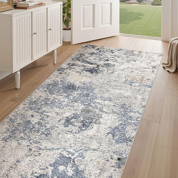 Hallway Washable Runner Rug: 3x14 Abstract Modern Soft Stain Resistant Non-Slip Backing Runner for for Entryway Kitchen Laundry - Blue Brown
