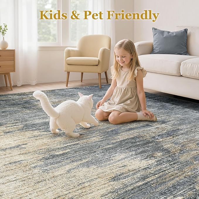 Area Rugs for Living Room: 9x12 Abstract Washable Rug Large Soft Stain Resistant Non-Slip Backing for Bedroom Dining Room Indoor Home Office Carpet for Kids Pet Friendly Families - Blue Gold