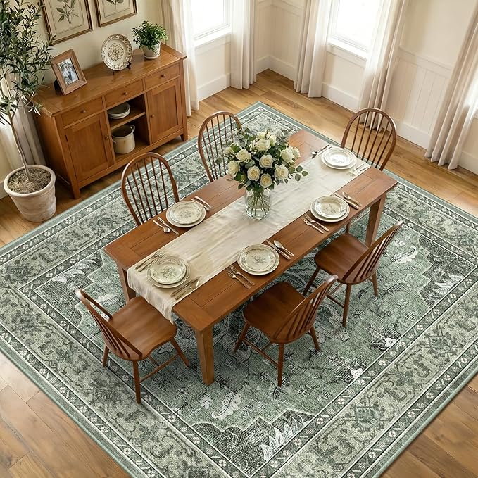 RELEANY Area Rugs Square 10ft Washable Non-Slip, Floral Vintage Distress Print Pattern Medallion Carpet for Living Room Bedroom Dining Room, Dark Green Gray