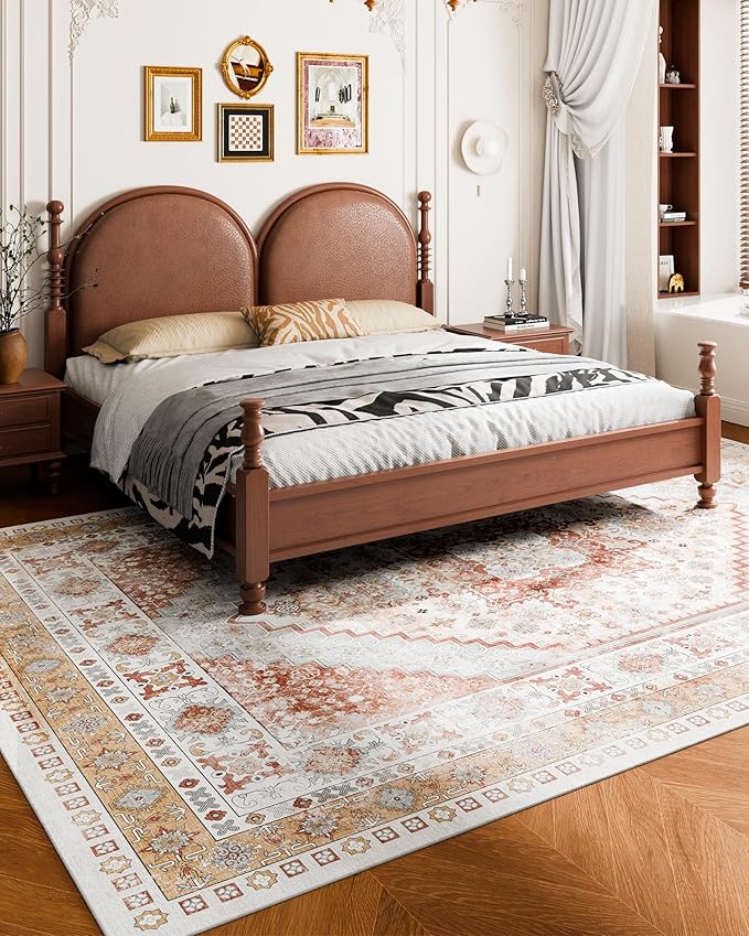 VEVOR 9 x 12 ft Area Rug Large Washable Rug Non-Slip and Tear-Resistant Soft Carpet Pet & Child Friendly Vintage Area Rugs Indoor Mat for Bedroom Living Room Kids Room Office Brown Red