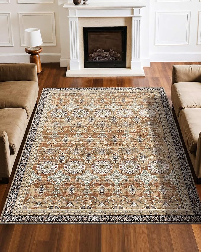 VEVOR 6 x 9 ft Area Rug Large Washable Rug Non-Slip and Tear-Resistant Soft Carpet Pet & Child Friendly Vintage Area Rugs Indoor Mat for Bedroom Living Room Kids Room Entryway Brown Green
