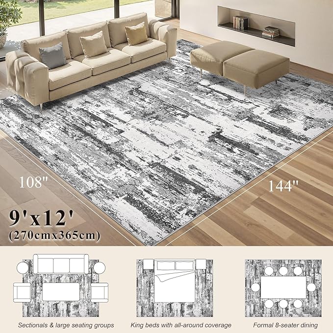 Area Rugs for Living Room: 9x12 Abstract Washable Rug Modern Neutral Large Soft Stain Resistant Non-Slip Backing Machine Table for Bedroom Dining Room Indoor Home Office Carpet - Black Grey