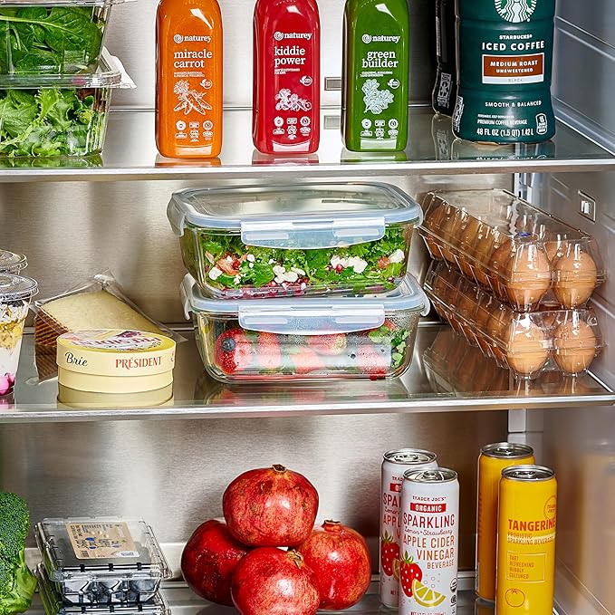 4pc Set - 8 Cup/64oz Large Glass Food Storage Containers with Lids Airtight Meal Prep Container with Lid Lock - Freezer Microwave & Oven Safe Clear Lunch Bowl Stackable Baking Pantry Organizer (2Pack)