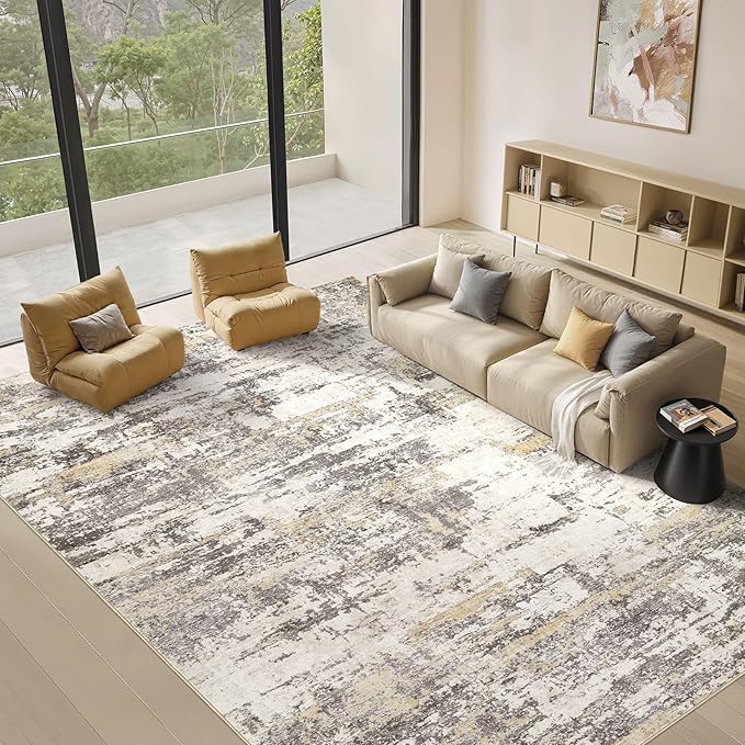 Area Rugs for Living Room: 7x9 Abstract Washable Rug Modern Neutral Large Soft Stain Resistant Non-Slip Backing Machine Table for Bedroom Dining Room Indoor Home Office Carpet - Gold Brown