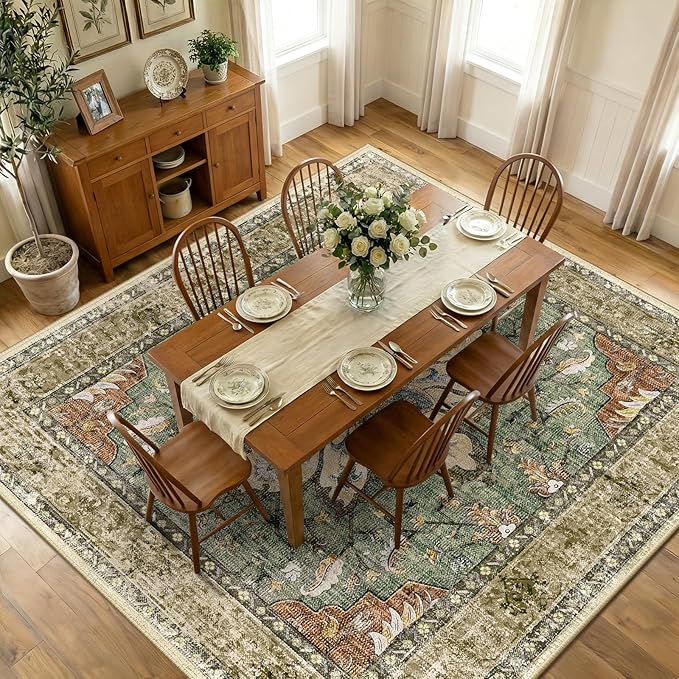 RELEANY Area Rugs Square 10ft Washable Non-Slip, Floral Vintage Distress Print Pattern Medallion Carpet for Living Room Bedroom Dining Room, Brick Red Rust Neutral Brown Burnt Orange Green