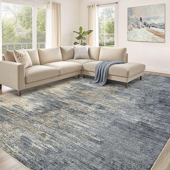 Area Rugs for Living Room: 9x12 Abstract Washable Rug Large Soft Stain Resistant Non-Slip Backing for Bedroom Dining Room Indoor Home Office Carpet for Kids Pet Friendly Families - Blue Gold