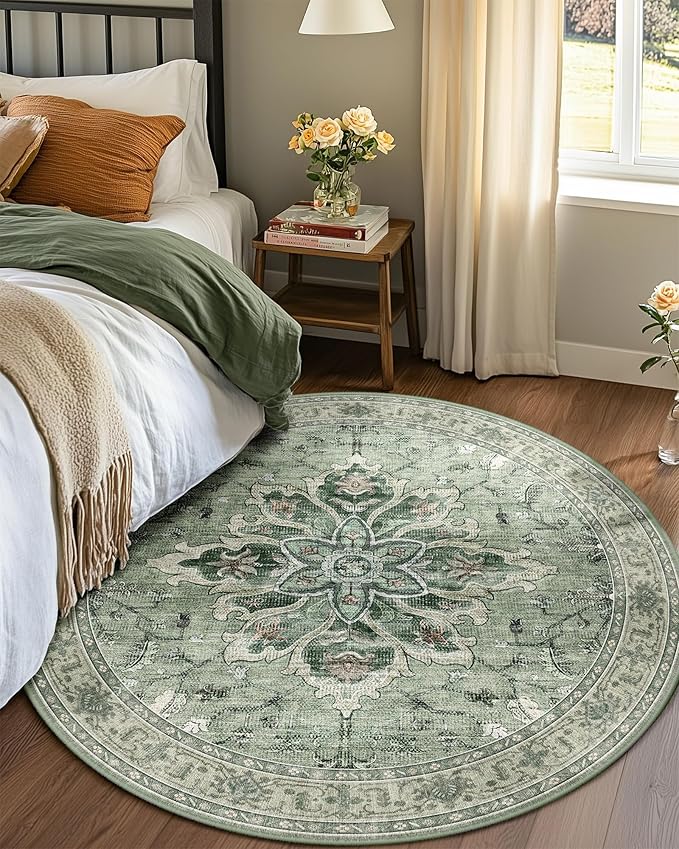 RELEANY Area Rugs 6ft Washable Non-Slip, Floral Vintage Distress Print Pattern Medallion Carpet for Living Room Bedroom Dining Room, Dark Green Gray