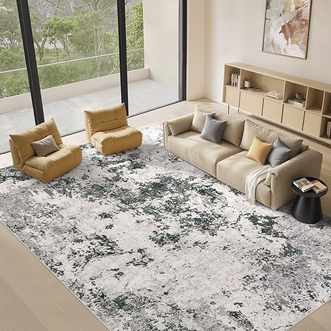 Area Rugs for Living Room: 12x15 Abstract Washable Rug Modern Neutral Large Soft Stain Resistant Non-Slip Backing Machine Table for Bedroom Dining Room Indoor Home Office Carpet - Dark Grey