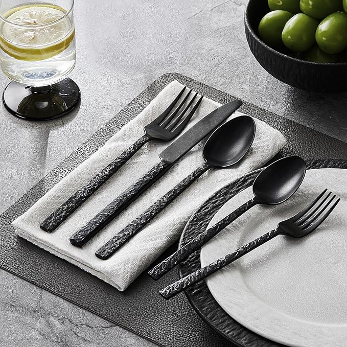 KINGSTONE 20 Pcs Black Hammered Silverware Set for 4, 18/10 Stainless Steel Heavy Duty Flatware Set, Tableware Cutlery Utensil Sets for Home Restaurant Dishwasher Safe