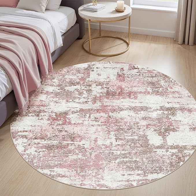 5ft Round Area Rugs for Living Room: 5x5 Abstract Washable Rug Modern Large Soft Stain Resistant Non-Slip Backing Machine Table for Bedroom Dining Room Indoor Home Office Carpet - Pink