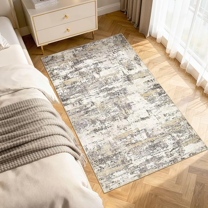 Hallway Washable Runner Rug: 3x5 Abstract Modern Soft Stain Resistant Non-Slip Backing Runner for for Entryway Kitchen Laundry Living Bathroom - Gold Brown