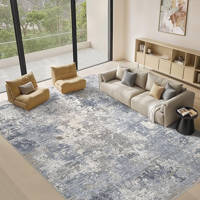 Area Rugs for Living Room: 6x9 Abstract Washable Rug Modern Neutral Large Soft Stain Resistant Non-Slip Backing Machine Table for Bedroom Dining Room Indoor Home Office Carpet - Light Denim Blue