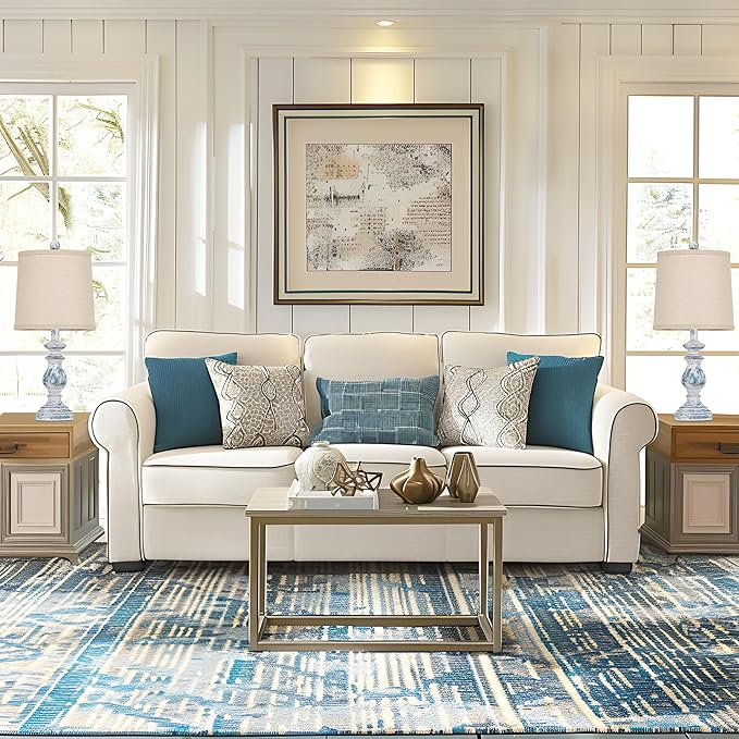 PARTPHONER Traditional Table Lamp Set of 2, Rustic Farmhouse Table Lamps for Living Room Bedroom, 22" Bedside Desk Lamps Vintage Nightstand Lamps with Linen Shades, Washed Blue