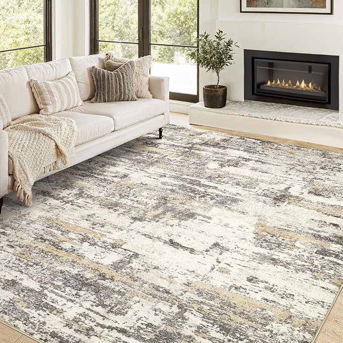 Area Rugs for Living Room: 6x9 Abstract Washable Rug Modern Neutral Large Soft Stain Resistant Non-Slip Backing Machine Table for Bedroom Dining Room Indoor Home Office Carpet - Gold Brown