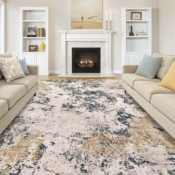 Area Rugs for Living Room: 7x9 Abstract Washable Rug Large Soft Stain Resistant Non-Slip Backing for Bedroom Dining Room Indoor Home Office Carpet for Kids Pet Friendly Families - Grey Gold