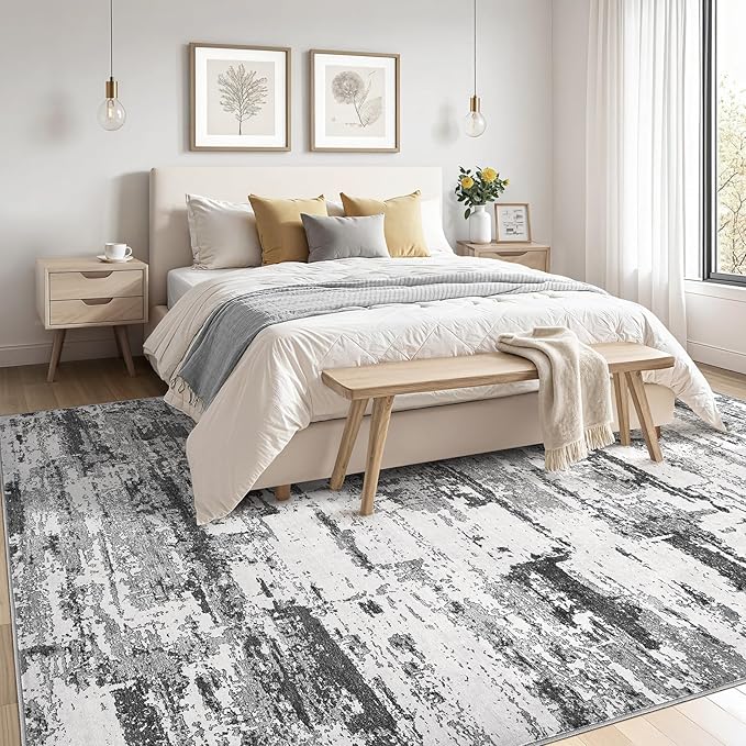 Area Rugs for Living Room: 5x8 Abstract Washable Rug Modern Neutral Large Soft Stain Resistant Non-Slip Backing Machine Table for Bedroom Dining Room Indoor Home Office Carpet - Black Grey