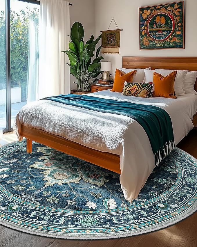 RELEANY Area Rugs 8ft Washable Non-Slip, Floral Vintage Distress Print Pattern Medallion Carpet for Living Room Bedroom Dining Room, Teal Green Lake Blue Turquoise