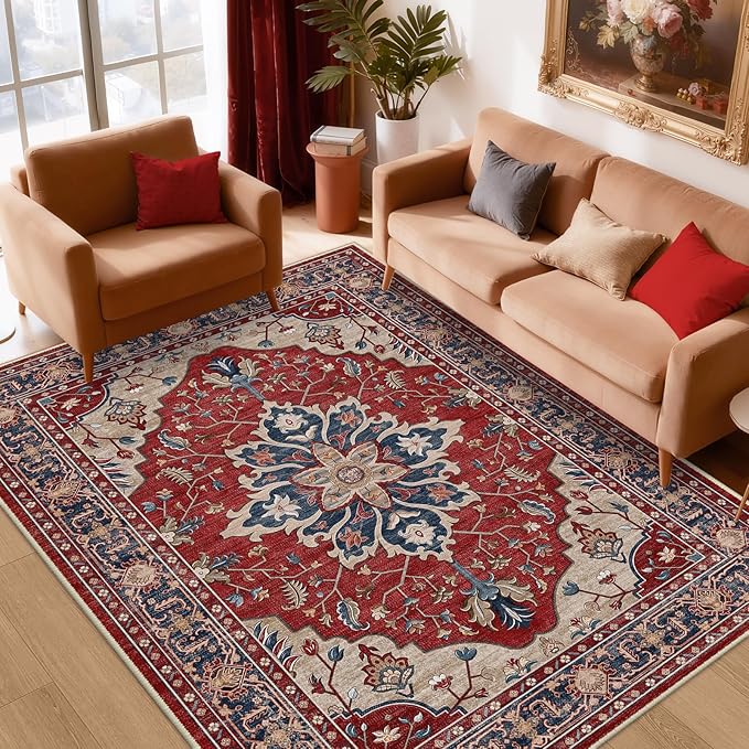 RELEANY Area Rugs 6'x9' Washable Non-Slip, Floral Vintage Distress Print Pattern Medallion Carpet for Living Room Bedroom Dining Room, Red Blue