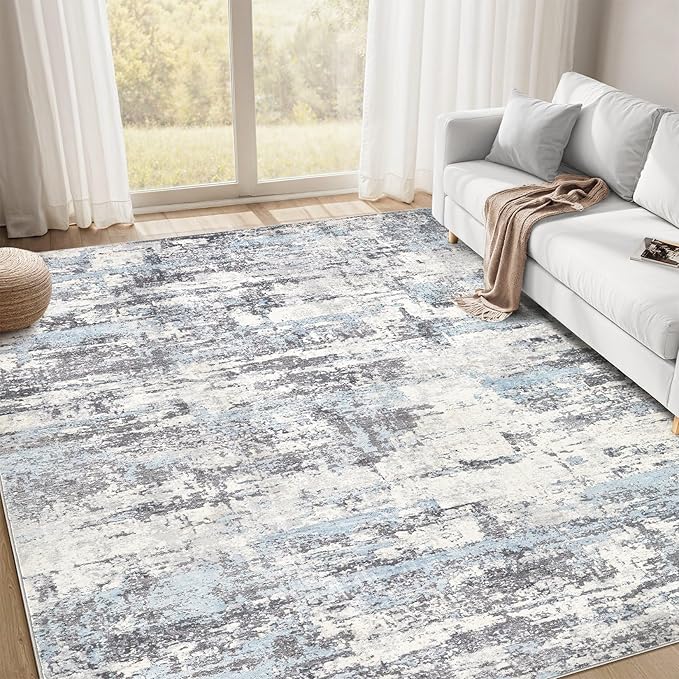 Area Rugs for Living Room: 8x10 Abstract Washable Rug Modern Neutral Large Soft Stain Resistant Non-Slip Backing Machine Table for Bedroom Dining Room Indoor Home Office Carpet - Blue Grey