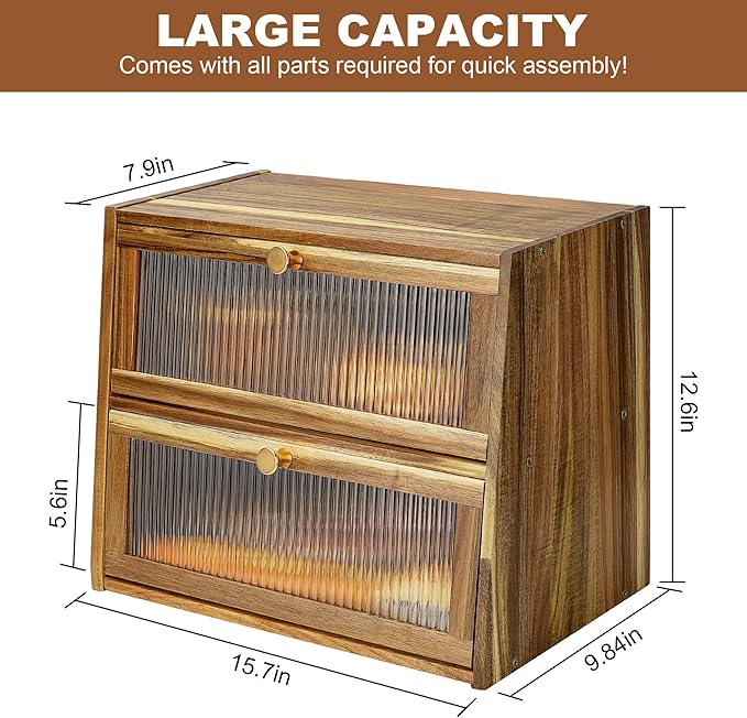 Acacia Wooden Bread Box for Kitchen Countertop,Extra Large 2 Layer Breadbox Holder Farmhouse Bread Storage Container Bread Bin Food Organizer Pantry Shelf Acrylic Window