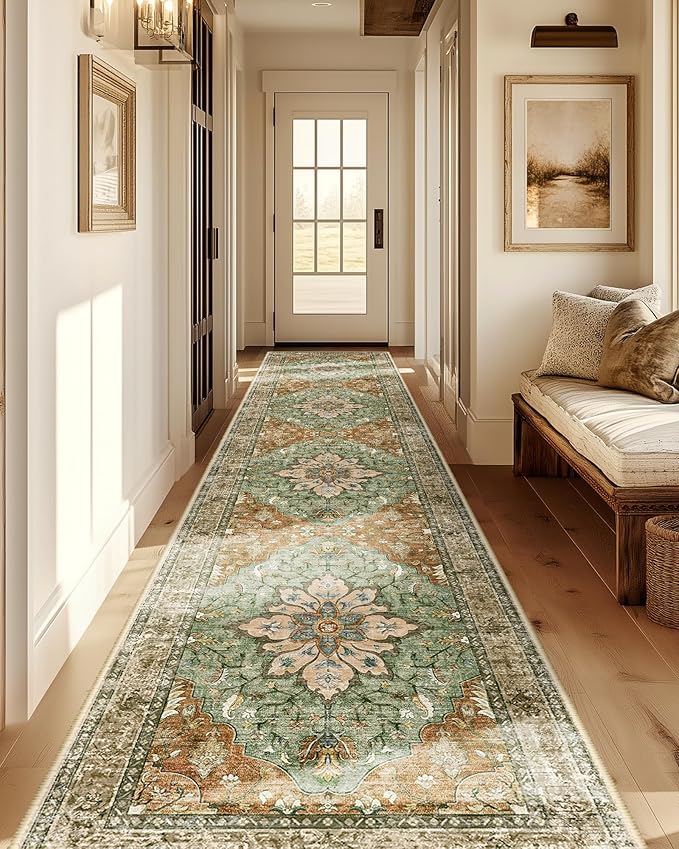 RELEANY Area Rugs 2'x10' Runner Rug Non Slip Washable for Kitchen Hallway Bedroom Beside Laundry Room Bathroom Rug, Floor Carpet, Brick Red Rust Neutral Brown Burnt Orange Green