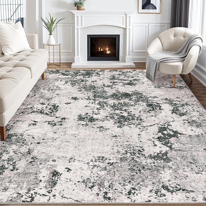 Area Rugs for Living Room: 7x9 Abstract Washable Rug Large Soft Stain Resistant Non-Slip Backing for Bedroom Dining Room Indoor Home Office Carpet for Kids Pet Friendly Families - Dark Grey