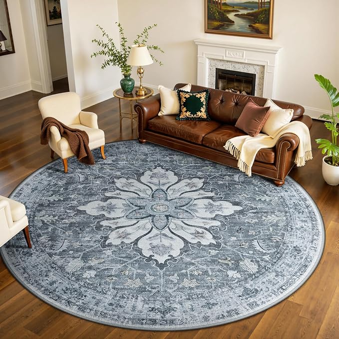 RELEANY Area Rugs 8ft Washable Non-Slip, Floral Vintage Distress Print Pattern Medallion Carpet for Living Room Bedroom Dining Room, Light Gray Grey White