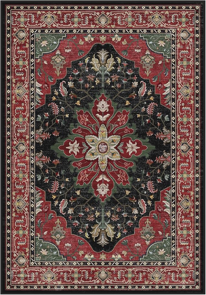 RELEANY Area Rugs Round 6ft Washable Non-Slip, Floral Vintage Distress Print Pattern Medallion Carpet for Living Room Bedroom Dining Room, Red Black
