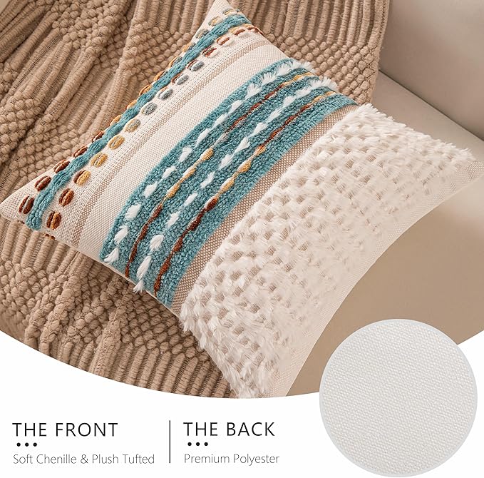 KOOLIFE Boho Chenille Tufted Couch Throw Pillow Covers 18x18 Inch Set of 2 Farmhouse Striped Decorative Pillow Covers Accent Neutral Pillowcase Teal Cushion Cover for Living Room Sofa Bed