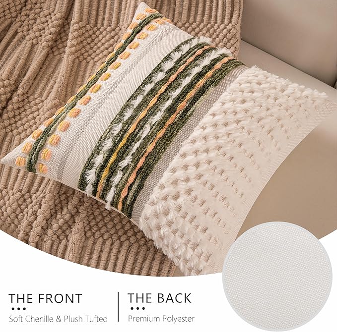 KOOLIFE Boho Chenille Tufted Couch Throw Pillow Covers 18x18 Inch Set of 2 Farmhouse Striped Decorative Pillow Covers Accent Neutral Pillowcase Dark Green Cushion Cover for Living Room Sofa Bed